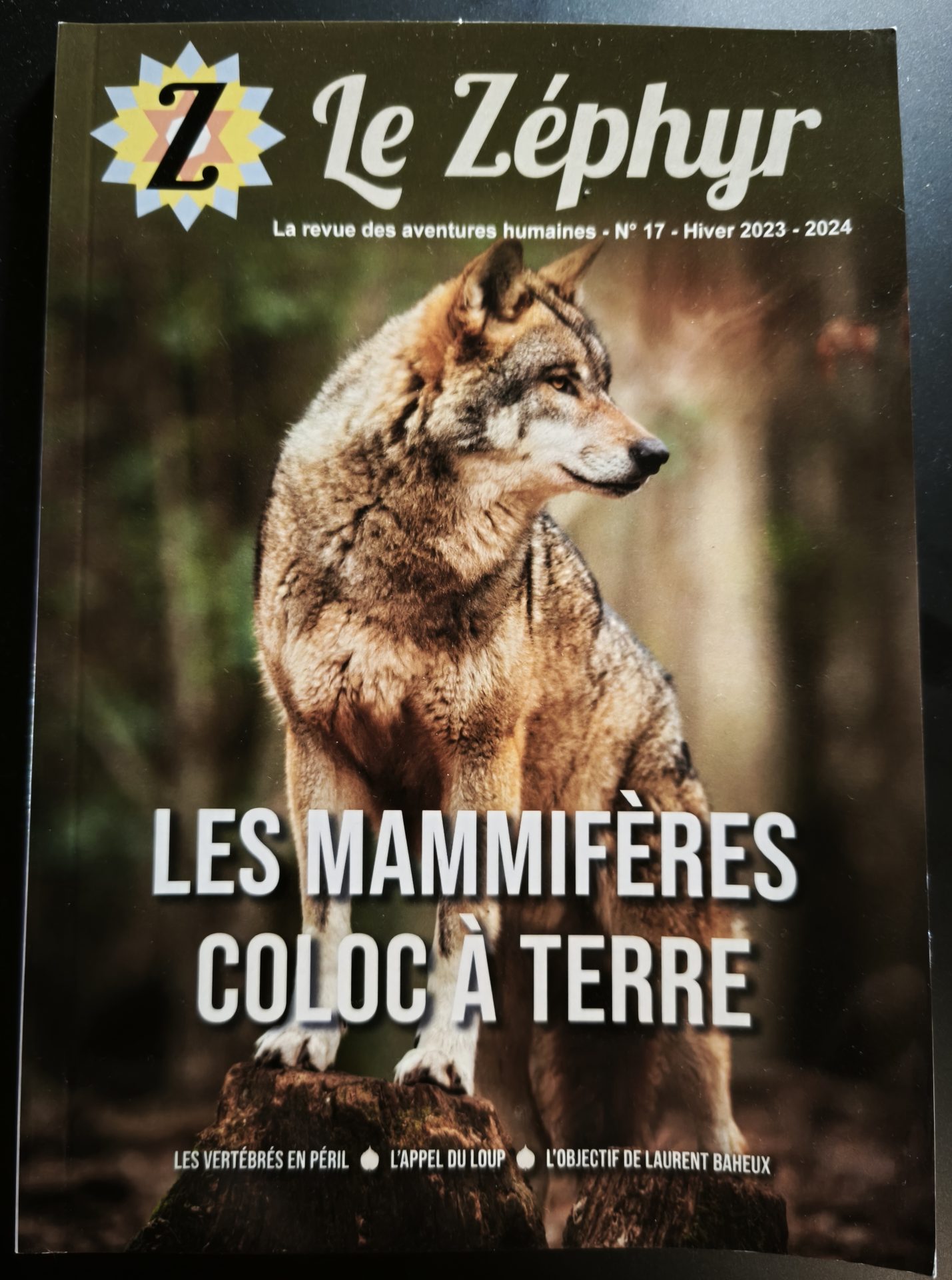 Couverture de la revue Le Zéphyr n°17 montrant un loup debout sur un rocher avec le titre Les mammifères coloc à terre.
