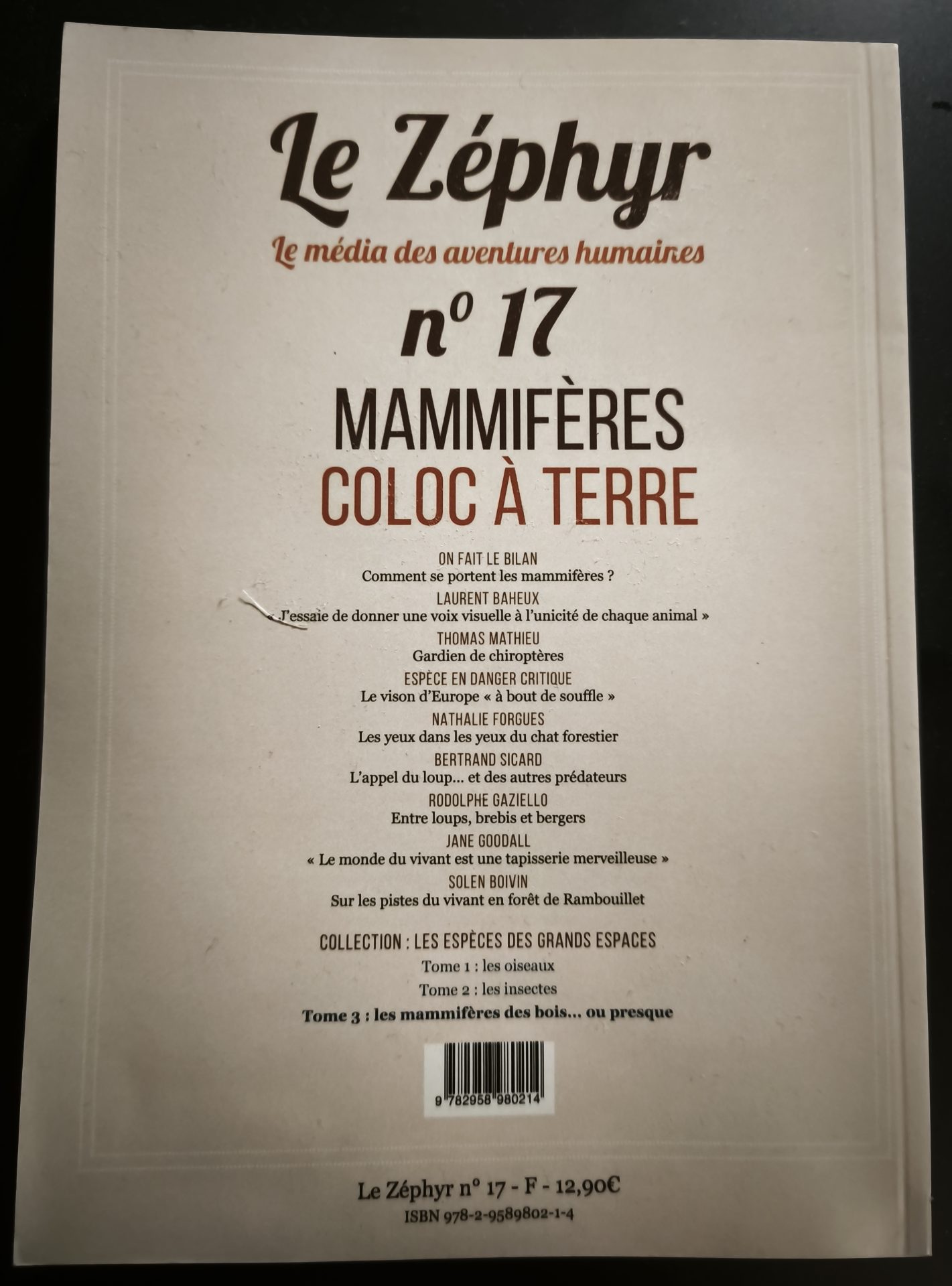 Quatrième de couverture du magazine Le Zéphyr n°17 Mammifères coloc à terre présentant le sommaire des articles.